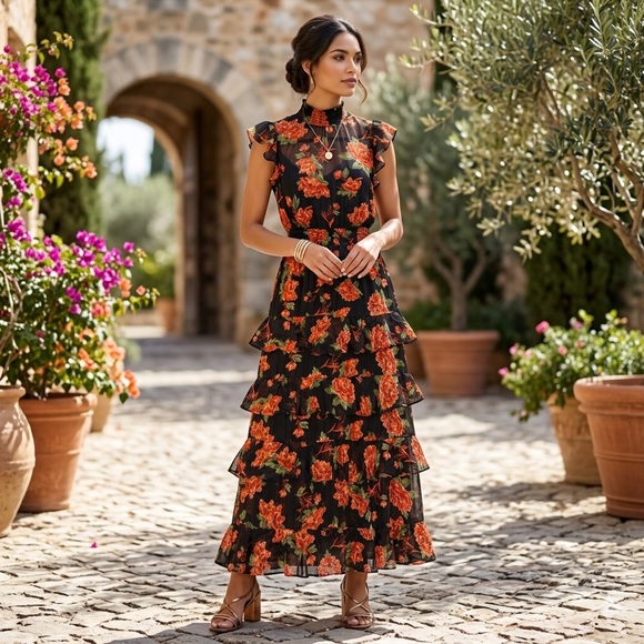 RACHEL Rachel Roy Dresses & Skirts - Rachel Roy Black Maxi Dress with Orange Floral Print